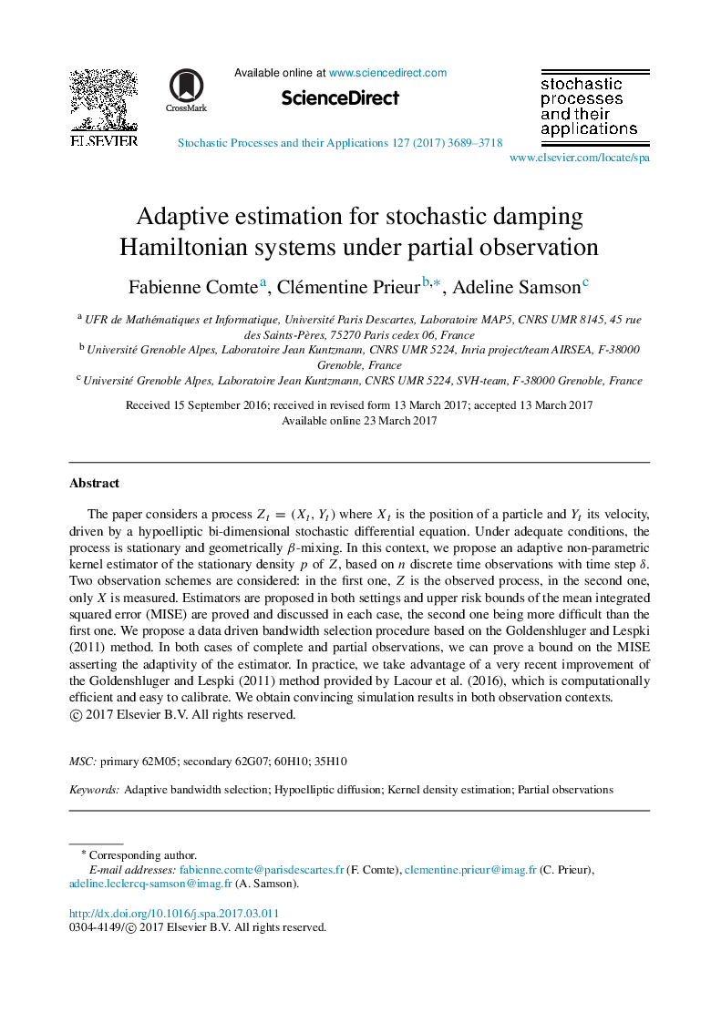 Adaptive estimation for stochastic damping Hamiltonian systems under partial observation