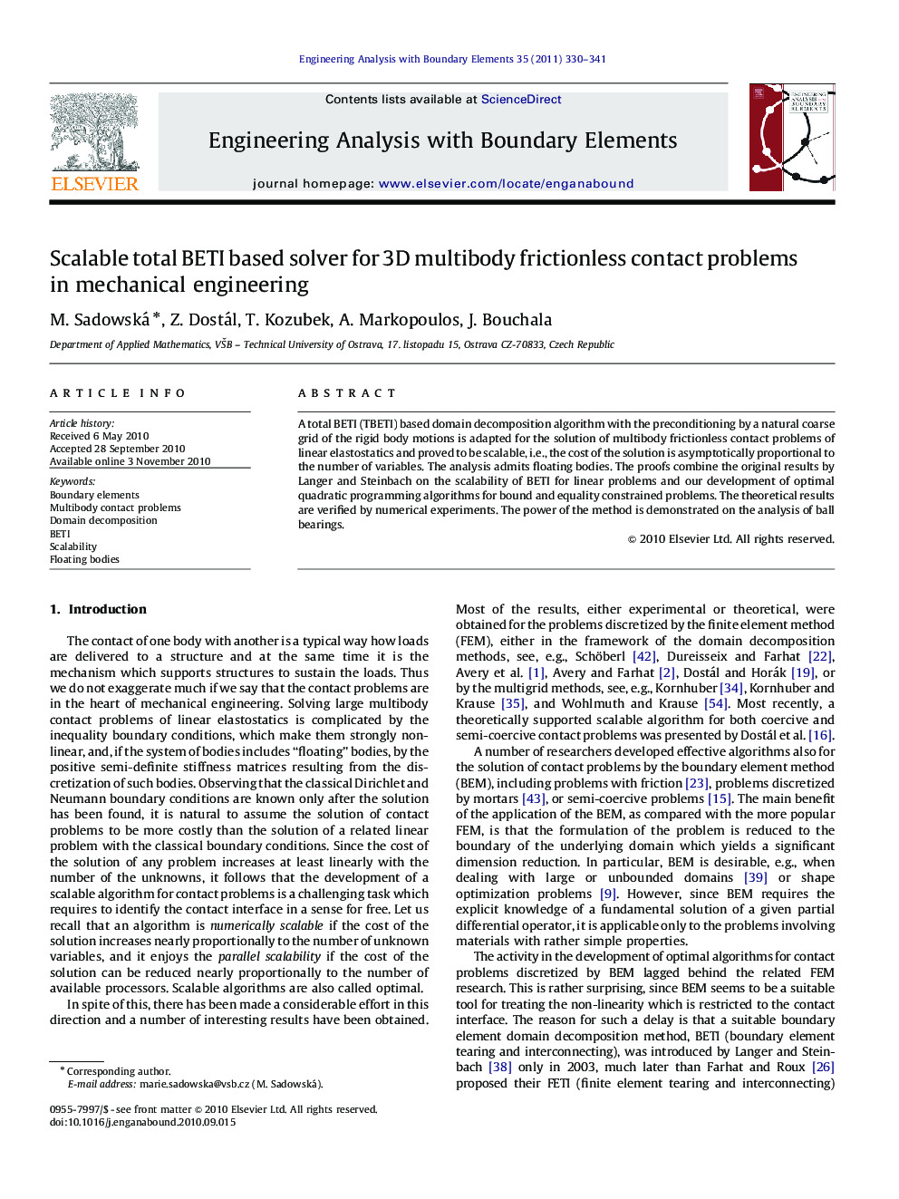 Scalable total BETI based solver for 3D multibody frictionless contact problems in mechanical engineering