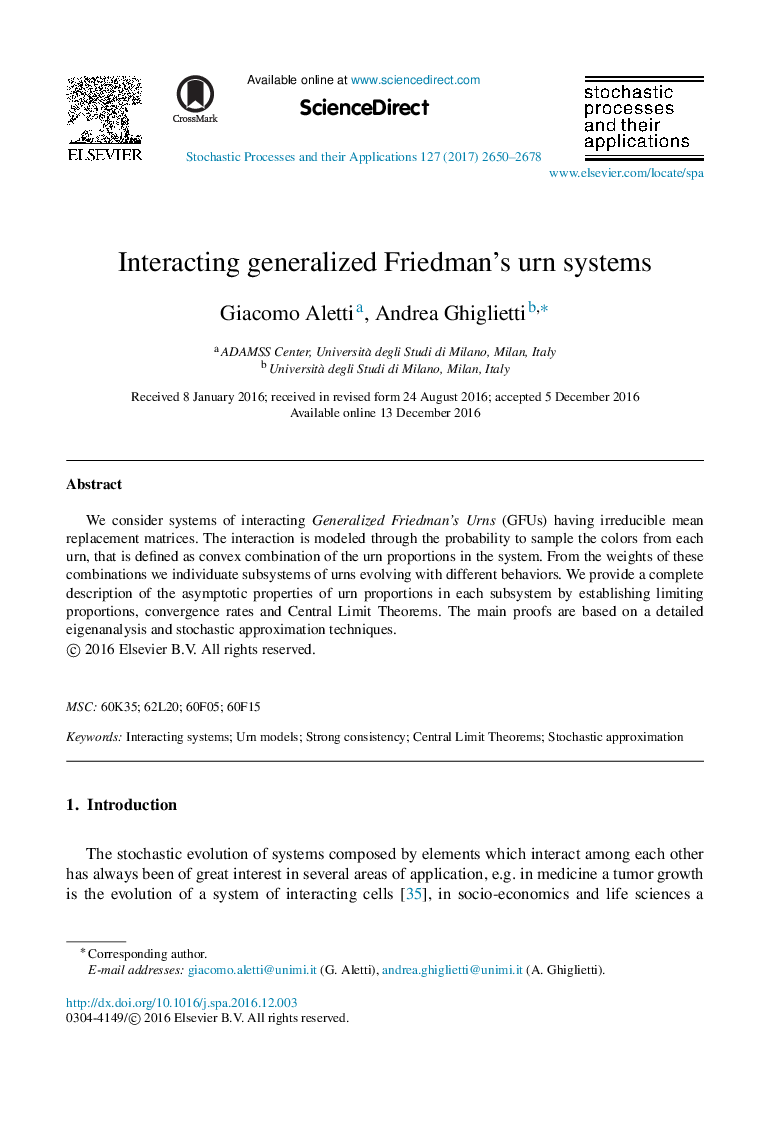 Interacting generalized Friedman's urn systems