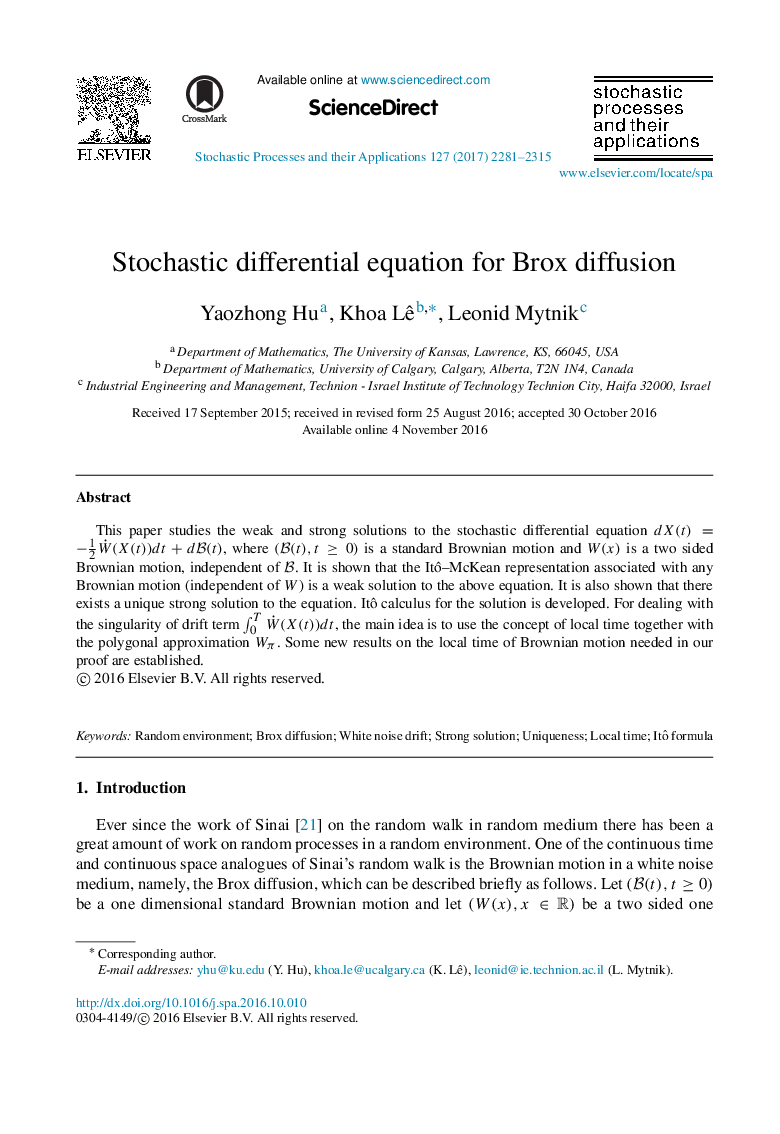 Stochastic differential equation for Brox diffusion