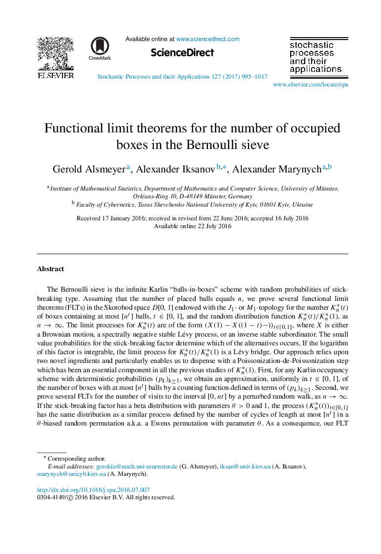 Functional limit theorems for the number of occupied boxes in the Bernoulli sieve