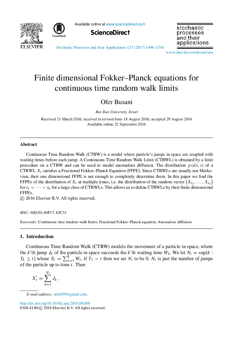 Finite dimensional Fokker-Planck equations for continuous time random walk limits