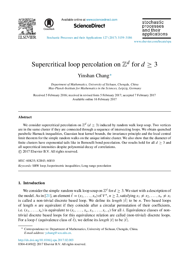 Supercritical loop percolation on Zd for dâ¥3