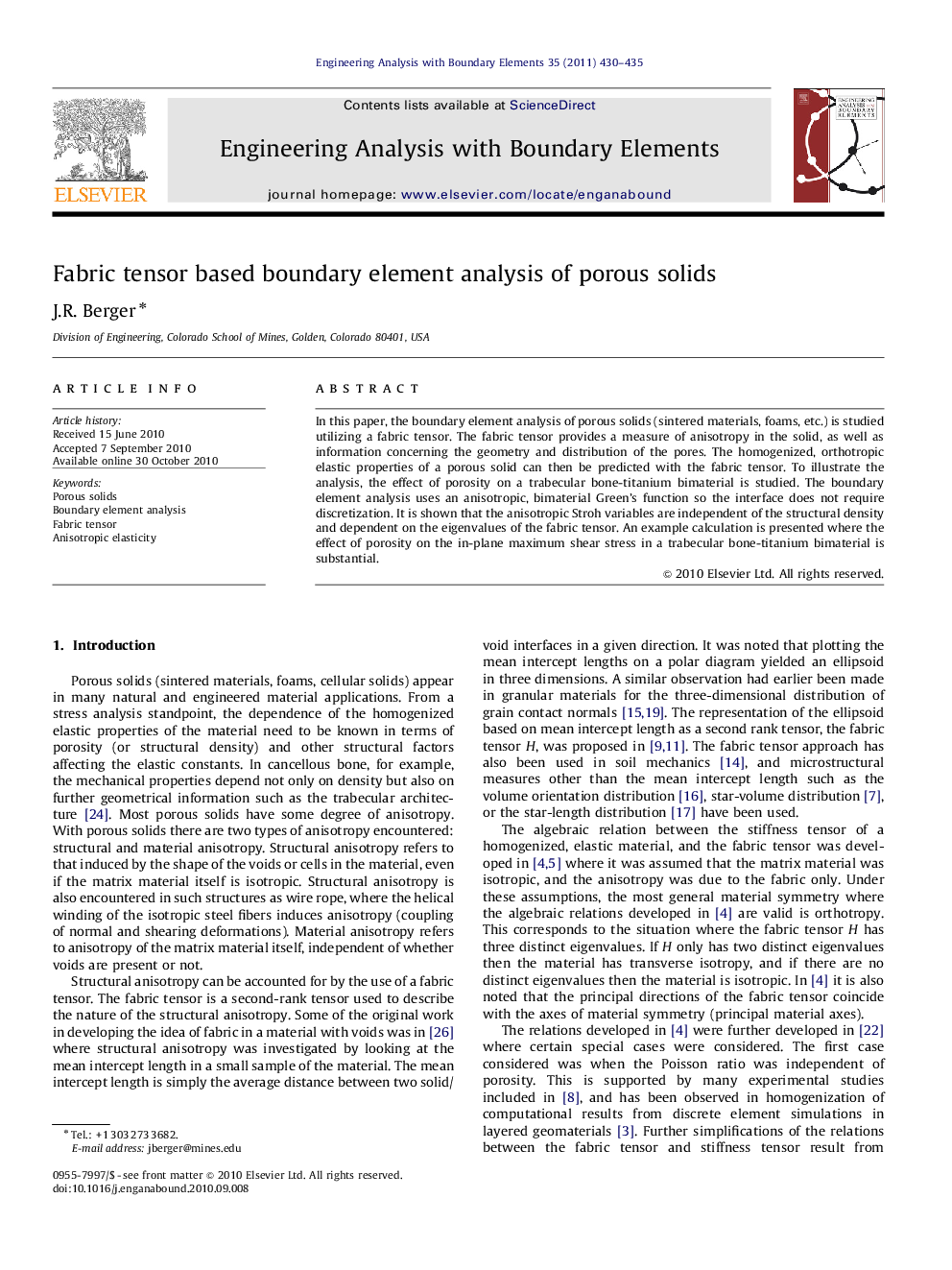 Fabric tensor based boundary element analysis of porous solids