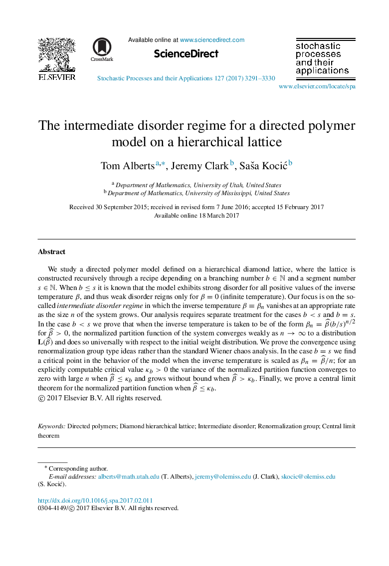 The intermediate disorder regime for a directed polymer model on a hierarchical lattice