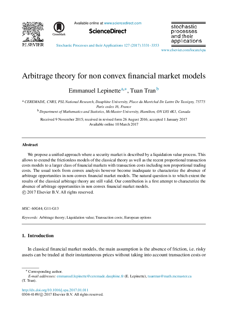 Arbitrage theory for non convex financial market models