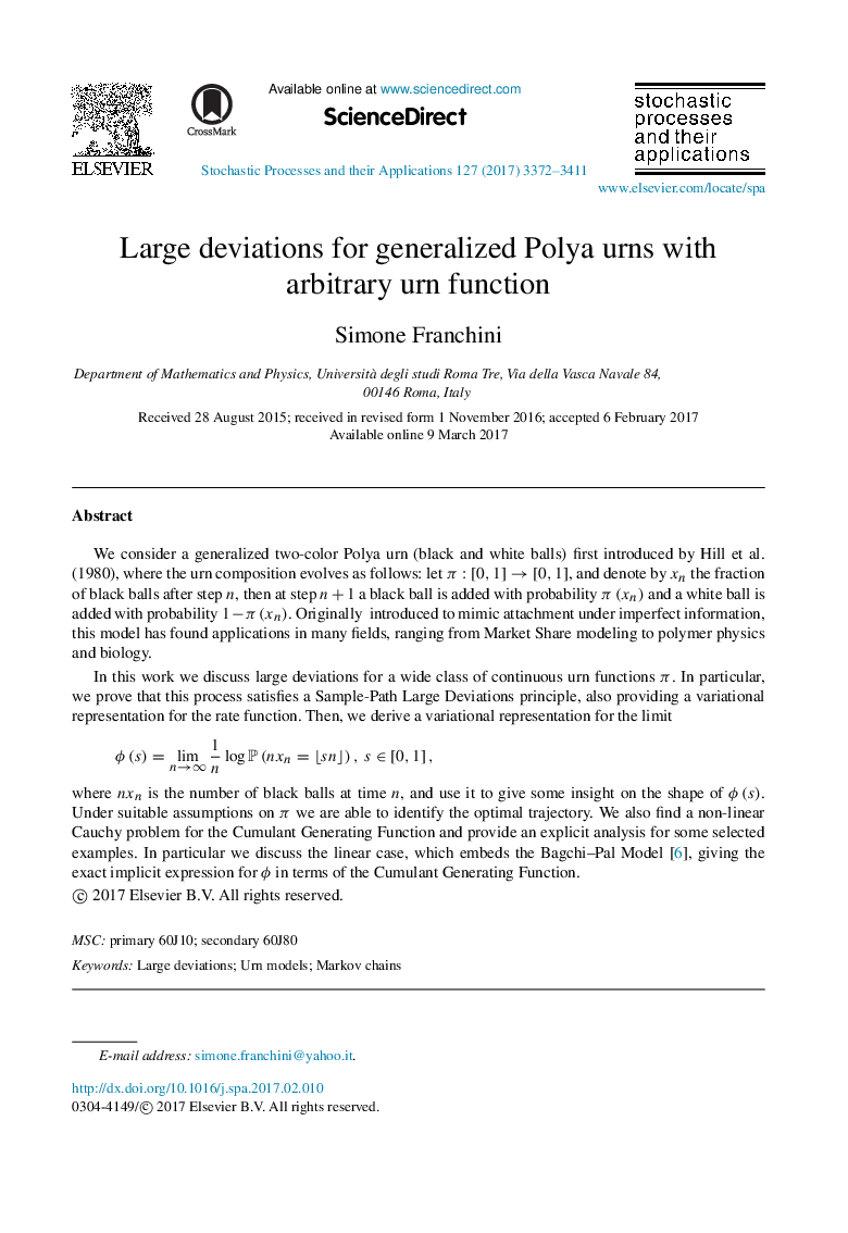 Large deviations for generalized Polya urns with arbitrary urn function