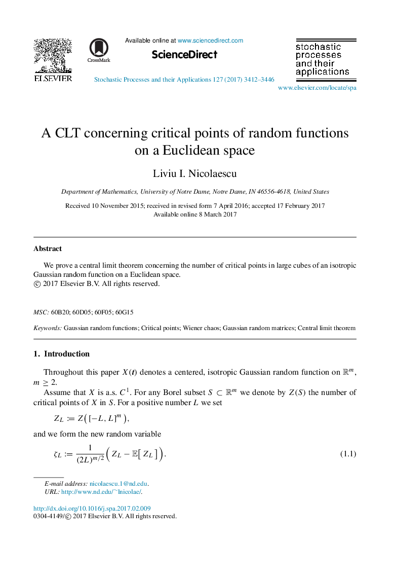 A CLT concerning critical points of random functions on a Euclidean space