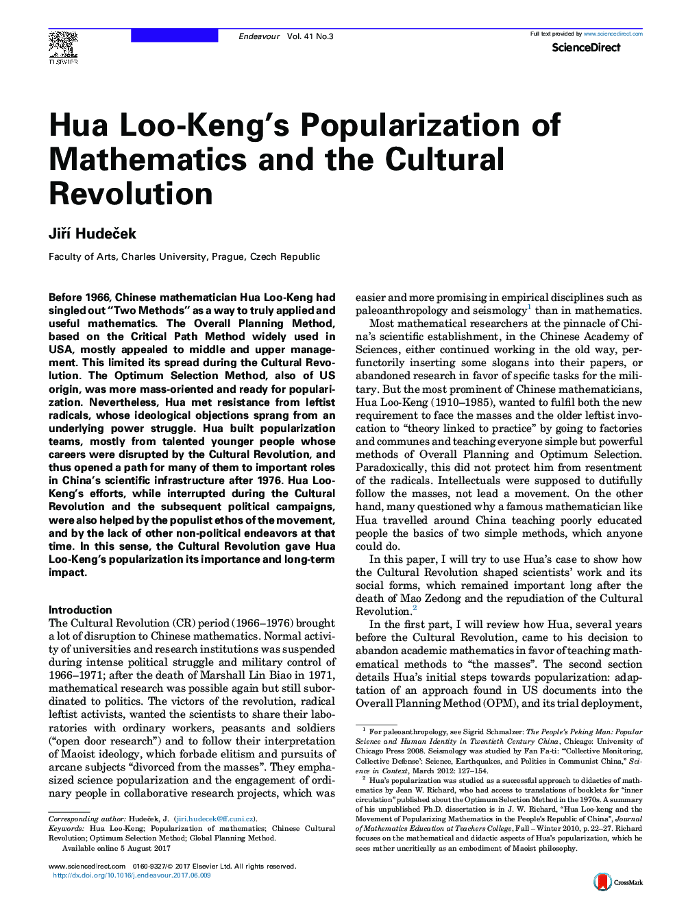 Hua Loo-Keng's Popularization of Mathematics and the Cultural Revolution