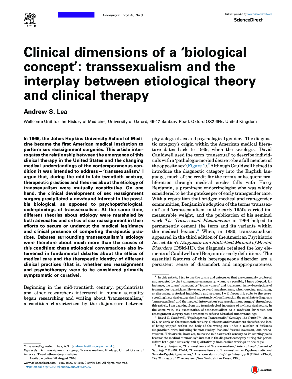 Clinical dimensions of a 'biological concept': transsexualism and the interplay between etiological theory and clinical therapy