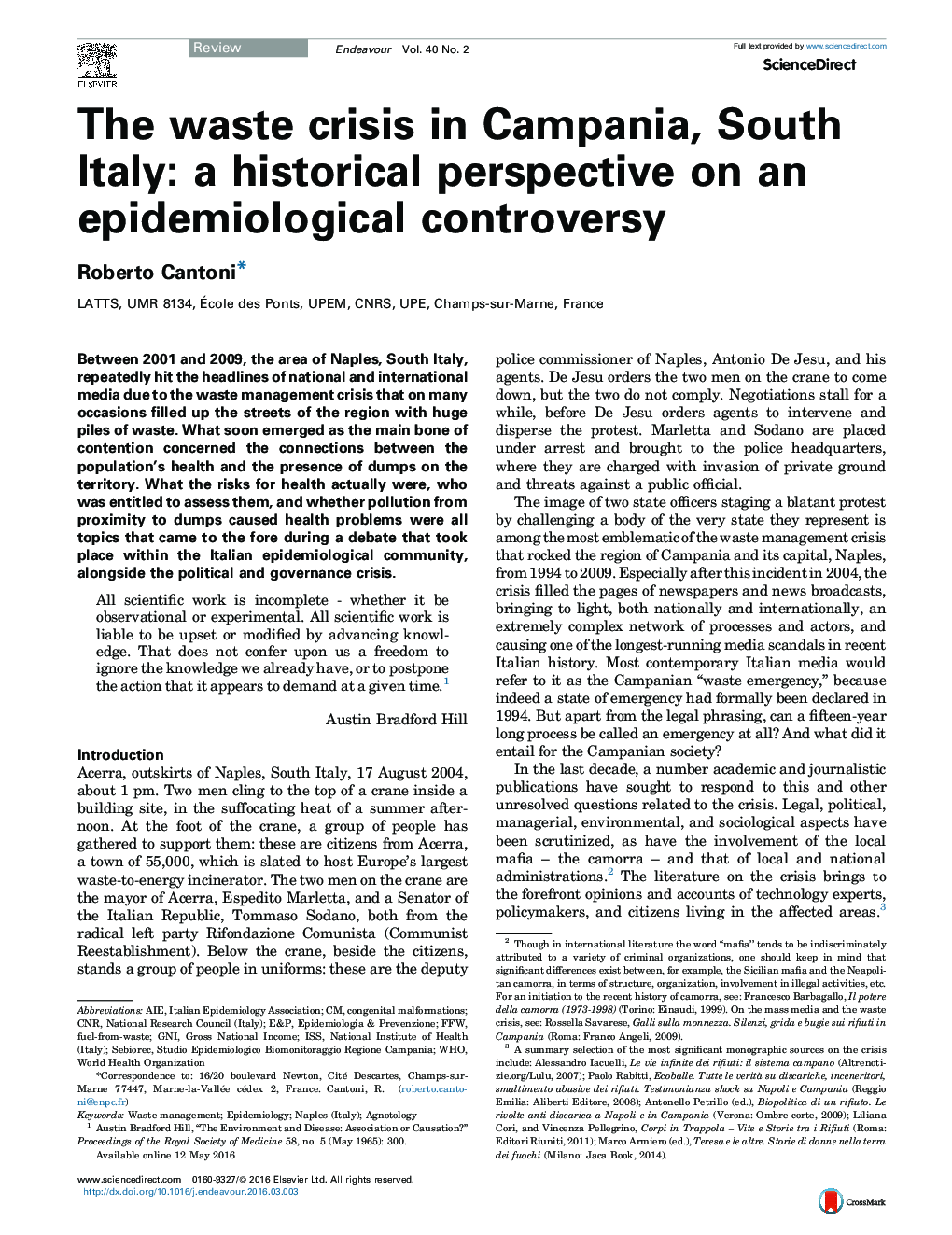 The waste crisis in Campania, South Italy: a historical perspective on an epidemiological controversy