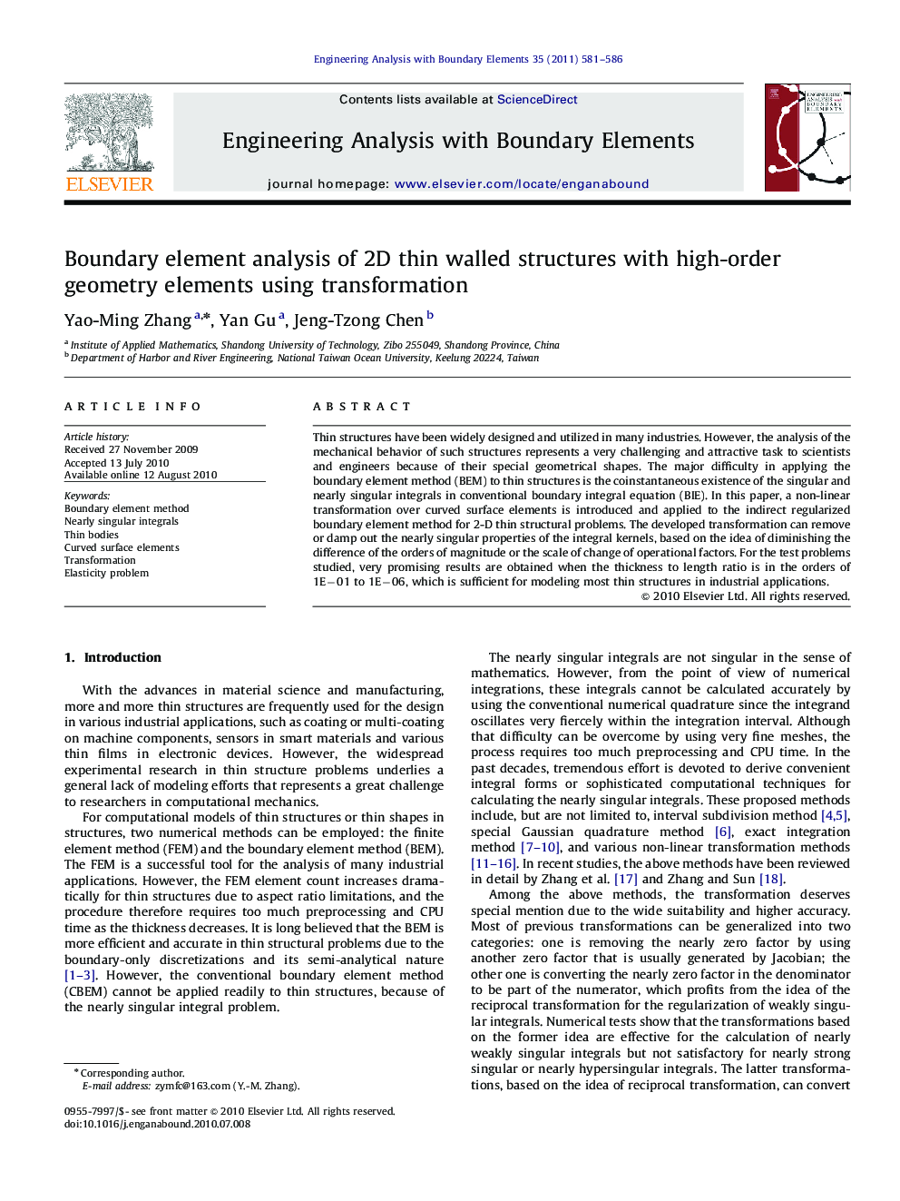 Boundary element analysis of 2D thin walled structures with high-order geometry elements using transformation