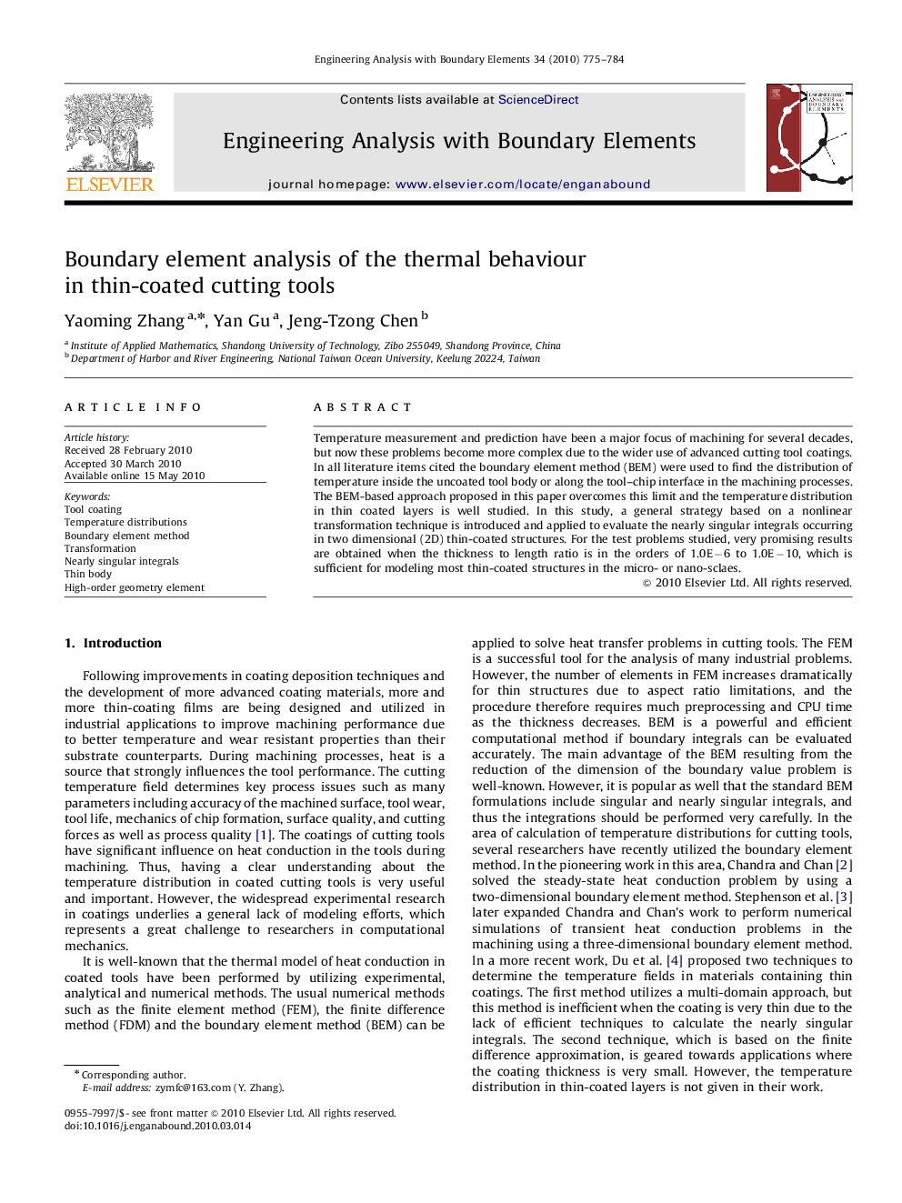 Boundary element analysis of the thermal behaviour in thin-coated cutting tools