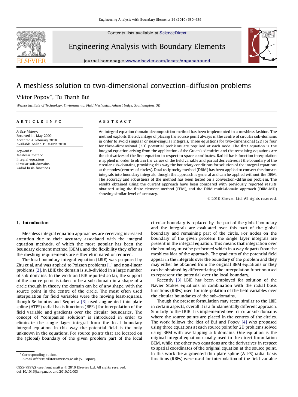 A meshless solution to two-dimensional convection–diffusion problems