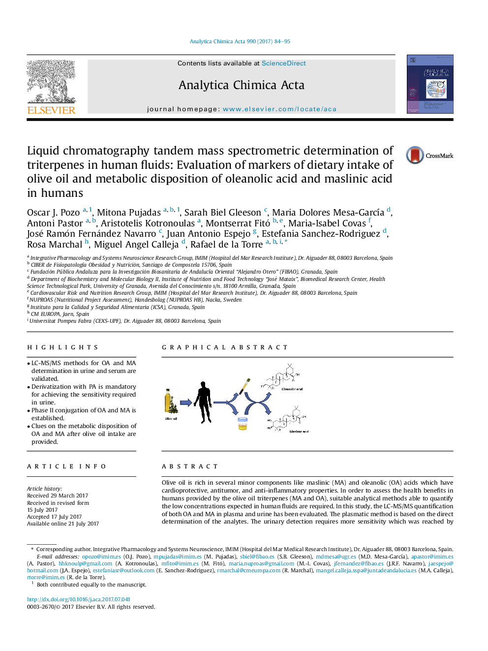 Liquid chromatography tandem mass spectrometric determination of triterpenes in human fluids: Evaluation of markers of dietary intake of olive oil and metabolic disposition of oleanolic acid and maslinic acid in humans