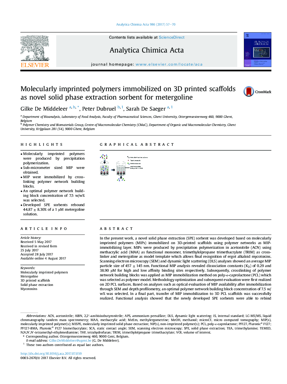 Molecularly imprinted polymers immobilized on 3D printed scaffolds as novel solid phase extraction sorbent for metergoline