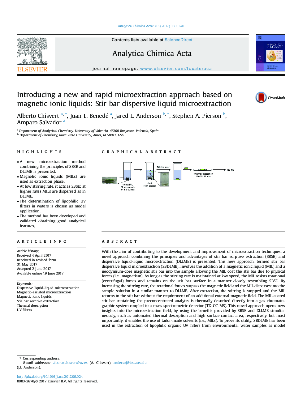 Introducing a new and rapid microextraction approach based on magnetic ionic liquids: Stir bar dispersive liquid microextraction