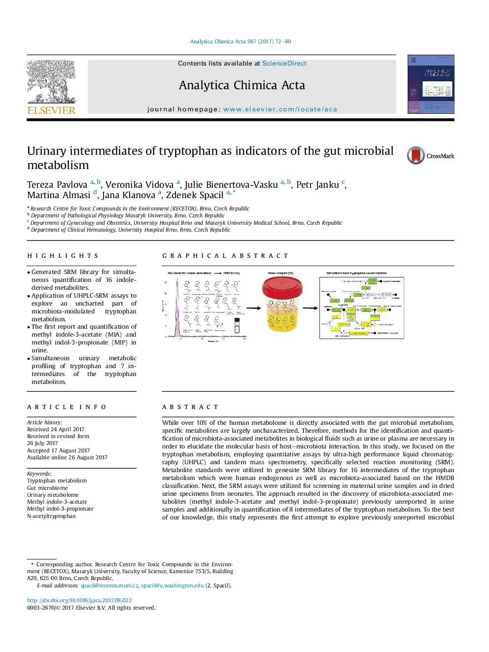 Urinary intermediates of tryptophan as indicators of the gut microbial metabolism