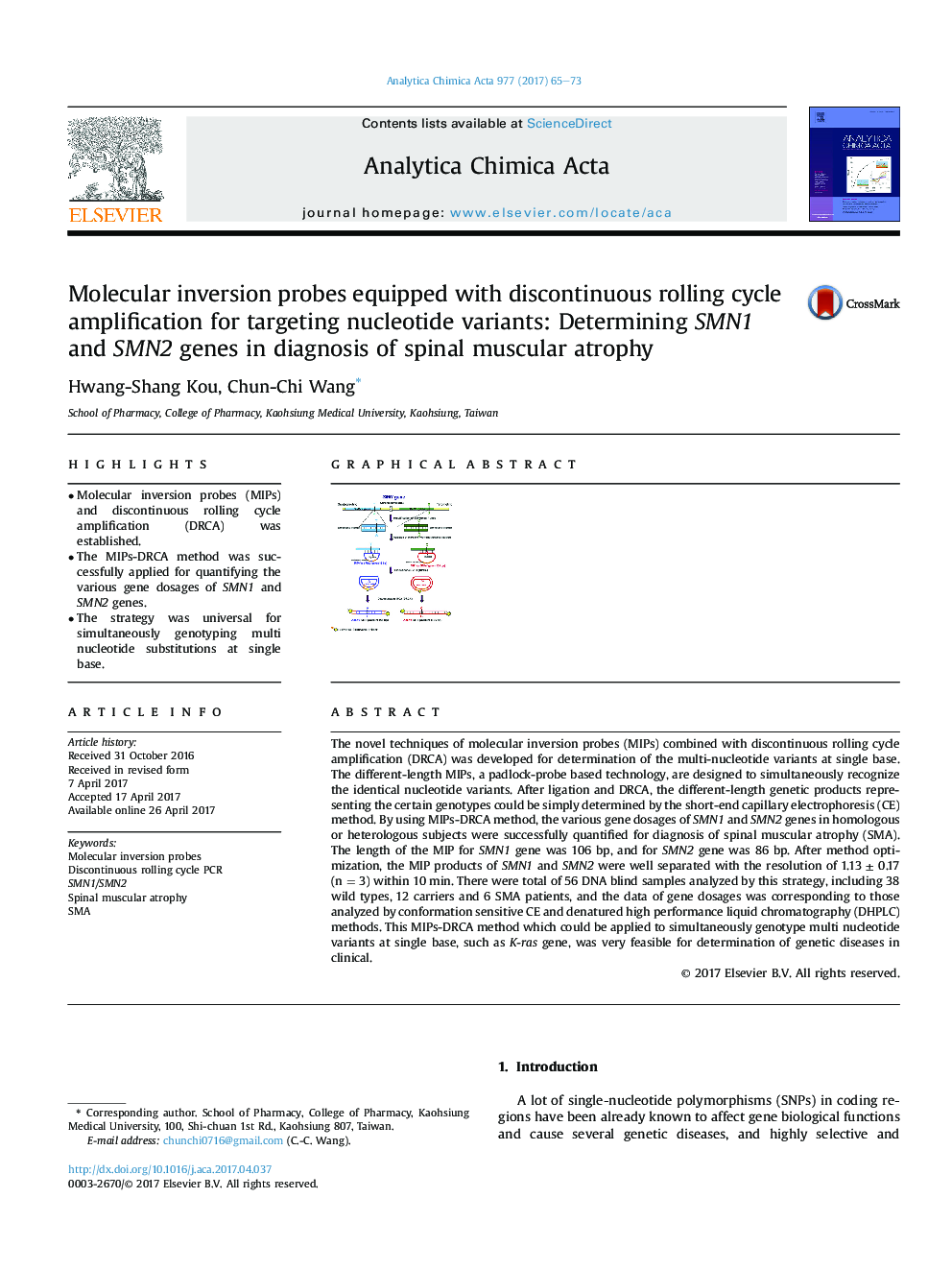 Molecular inversion probes equipped with discontinuous rolling cycle amplification for targeting nucleotide variants: Determining SMN1 and SMN2 genes in diagnosis of spinal muscular atrophy