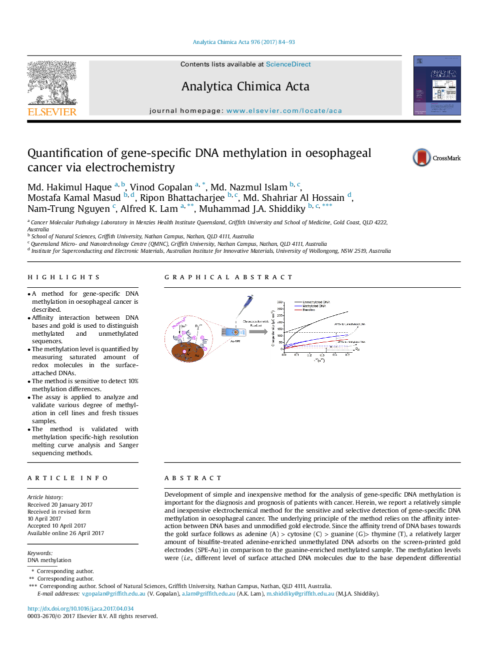 Quantification of gene-specific DNA methylation in oesophageal cancer via electrochemistry