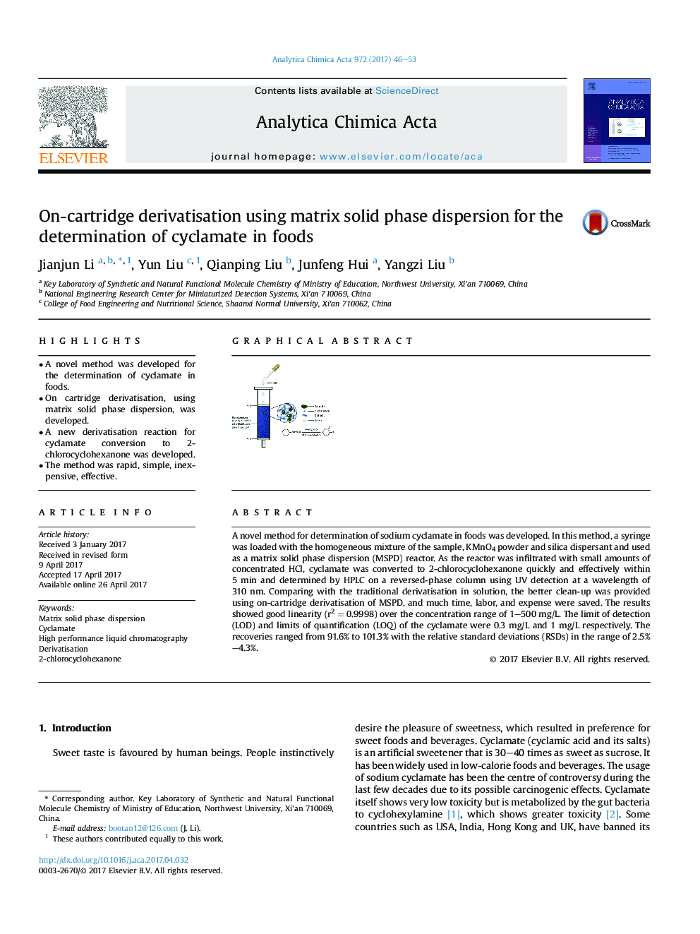 On-cartridge derivatisation using matrix solid phase dispersion for the determination of cyclamate in foods