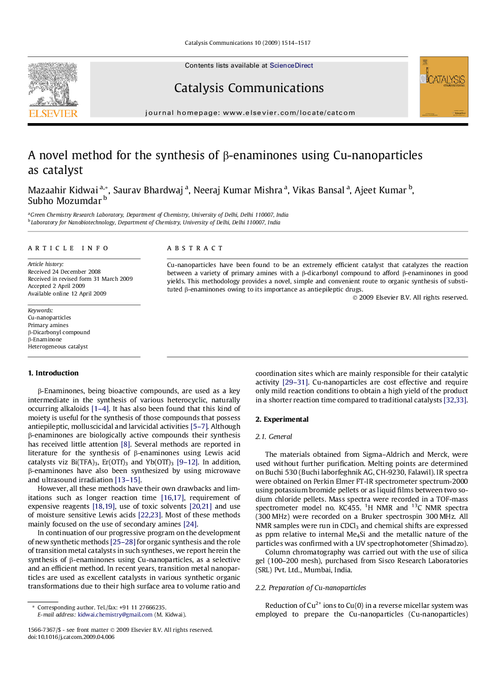 A novel method for the synthesis of β-enaminones using Cu-nanoparticles as catalyst