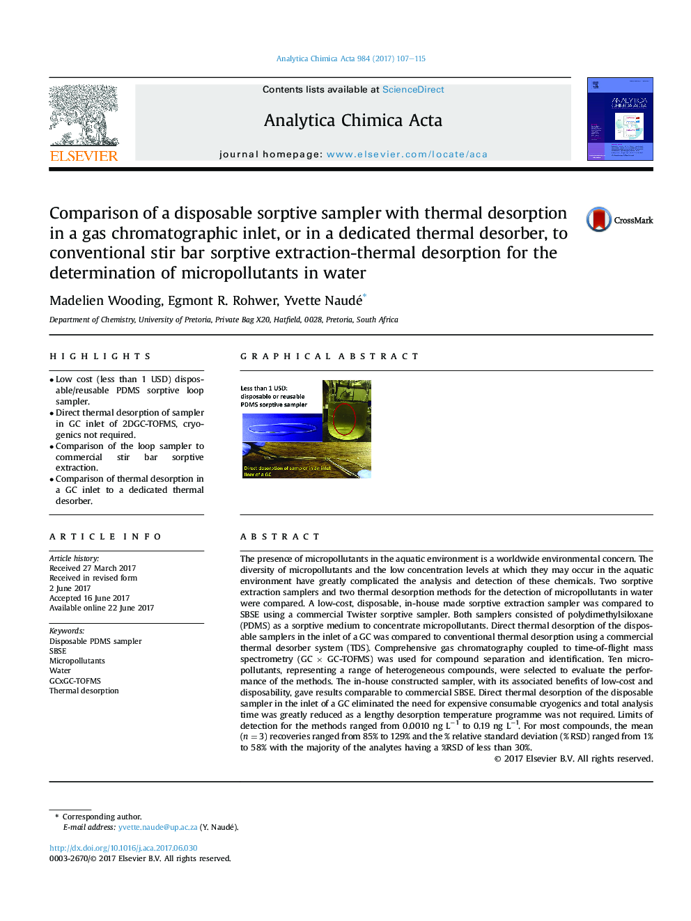 Comparison of a disposable sorptive sampler with thermal desorption in a gas chromatographic inlet, or in a dedicated thermal desorber, to conventional stir bar sorptive extraction-thermal desorption for the determination of micropollutants in water