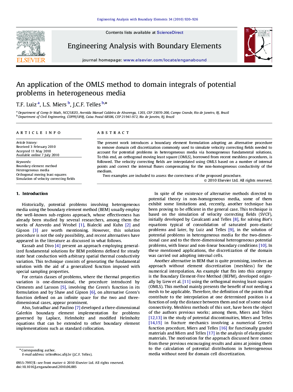 An application of the OMLS method to domain integrals of potential problems in heterogeneous media