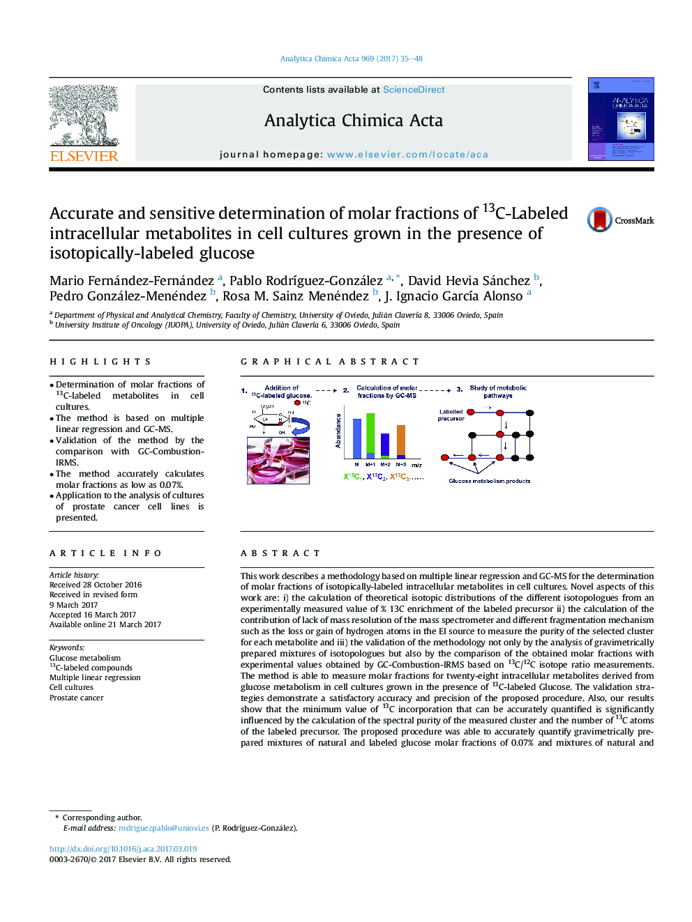 Accurate and sensitive determination of molar fractions of 13C-Labeled intracellular metabolites in cell cultures grown in the presence of isotopically-labeled glucose