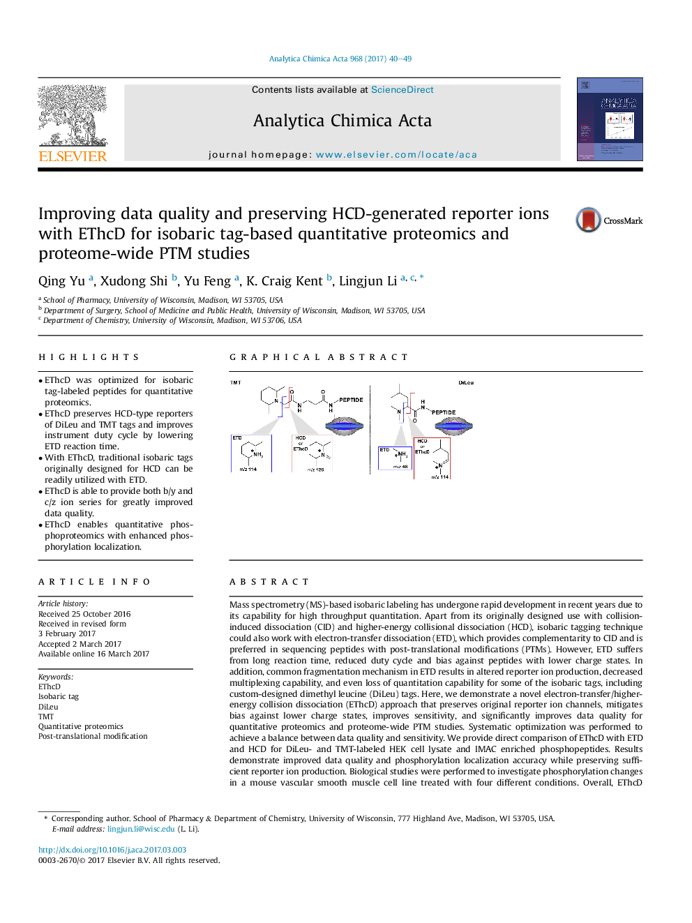 Improving data quality and preserving HCD-generated reporter ions with EThcD for isobaric tag-based quantitative proteomics and proteome-wide PTM studies