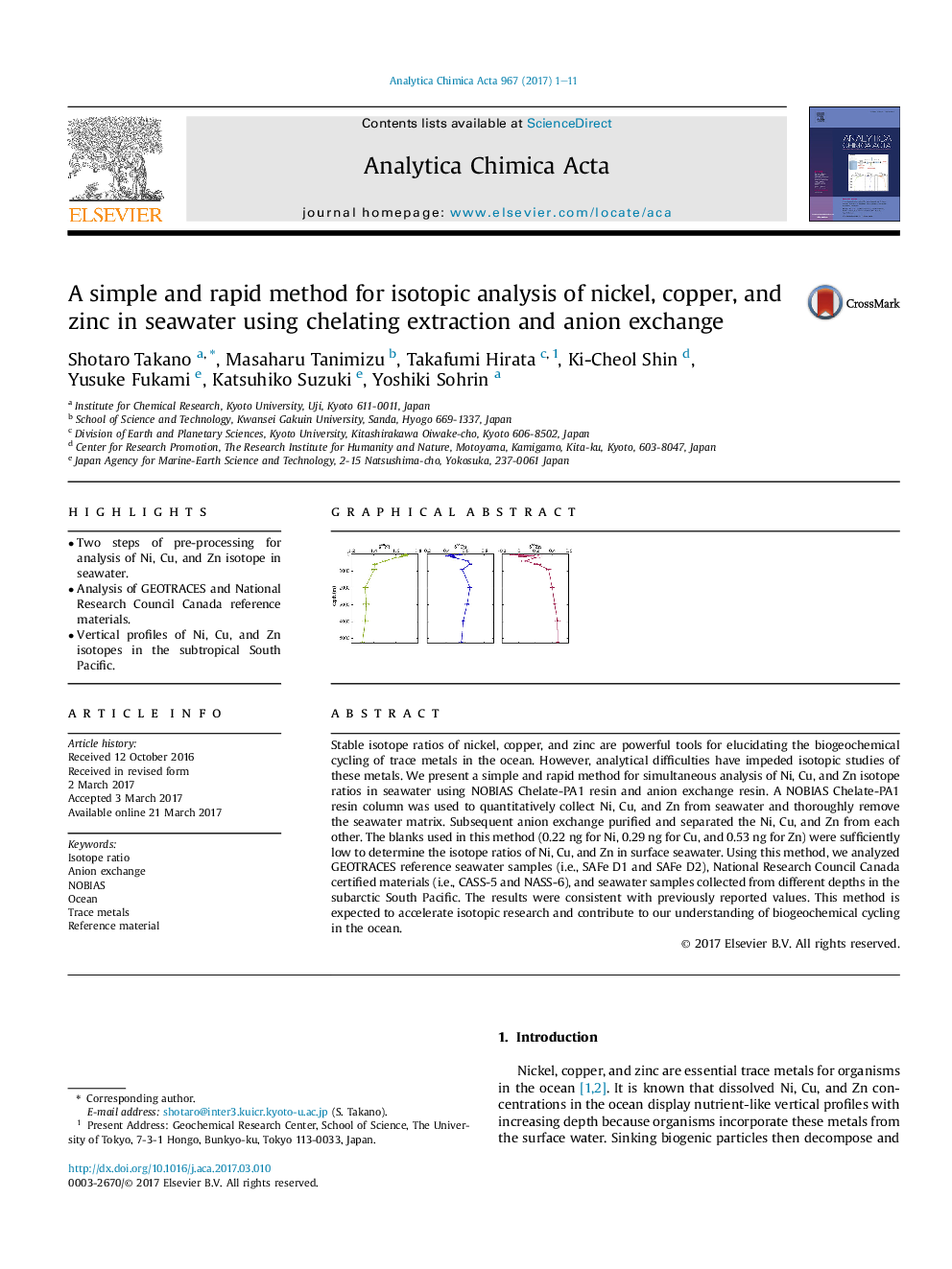 A simple and rapid method for isotopic analysis of nickel, copper, and zinc in seawater using chelating extraction and anion exchange