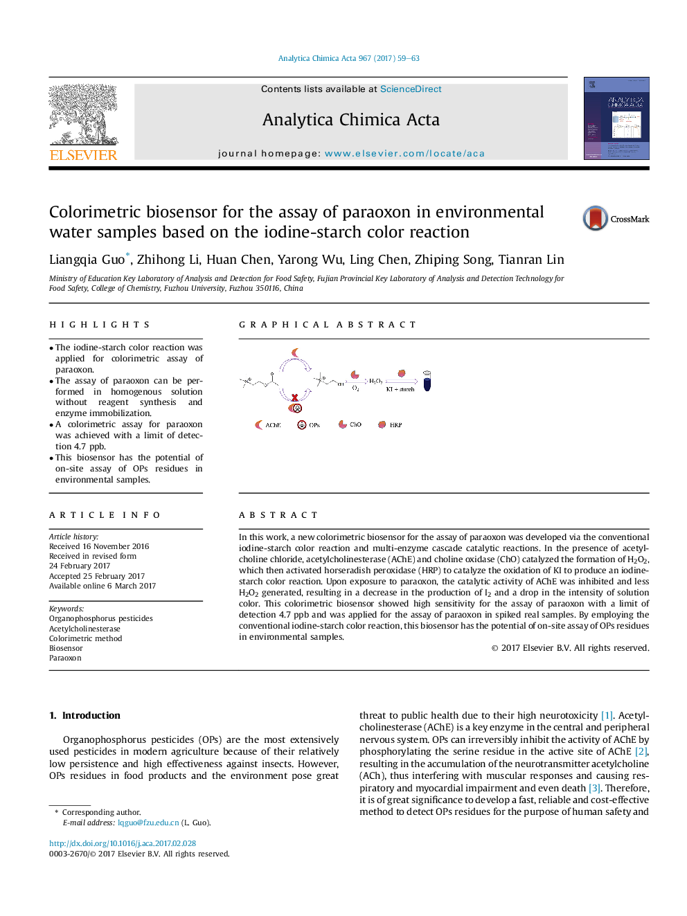 Colorimetric biosensor for the assay of paraoxon in environmental water samples based on the iodine-starch color reaction