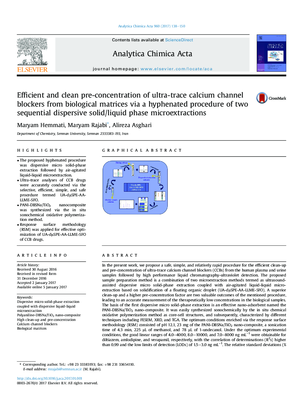 Efficient and clean pre-concentration of ultra-trace calcium channel blockers from biological matrices via a hyphenated procedure of two sequential dispersive solid/liquid phase microextractions