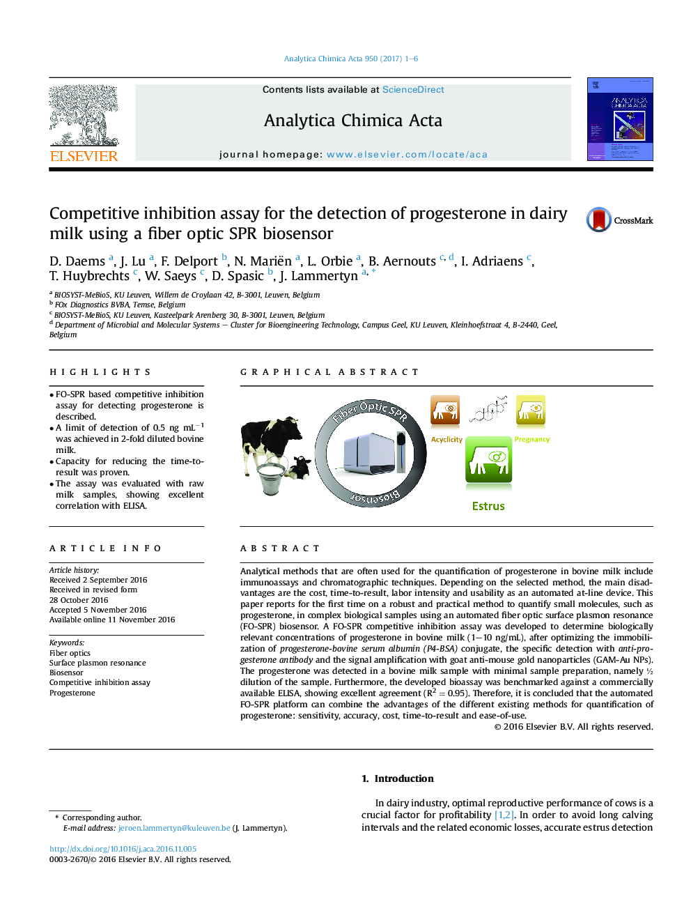 Competitive inhibition assay for the detection of progesterone in dairy milk using a fiber optic SPR biosensor