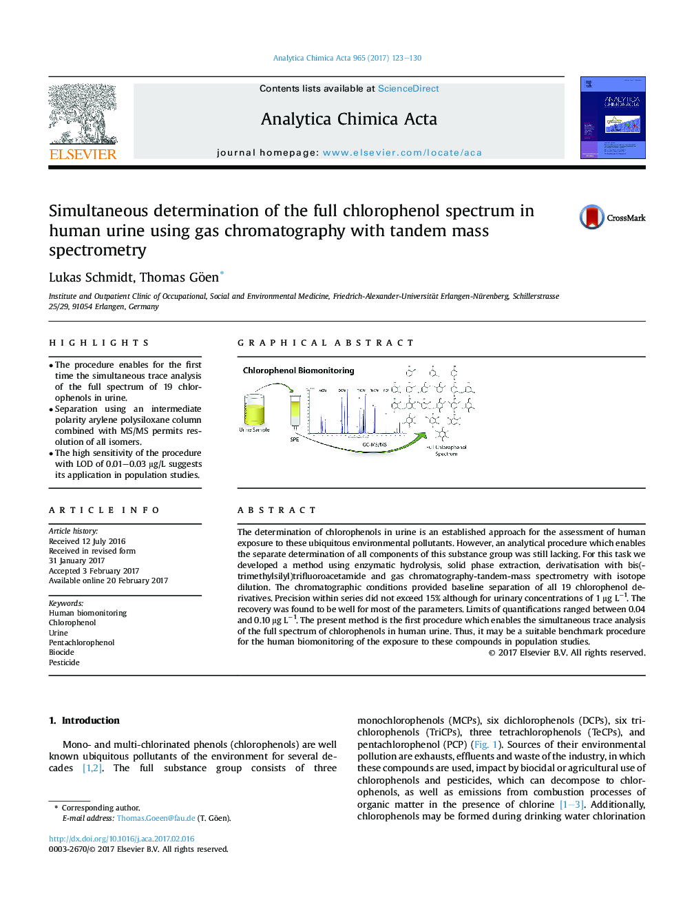 Simultaneous determination of the full chlorophenol spectrum in human urine using gas chromatography with tandem mass spectrometry