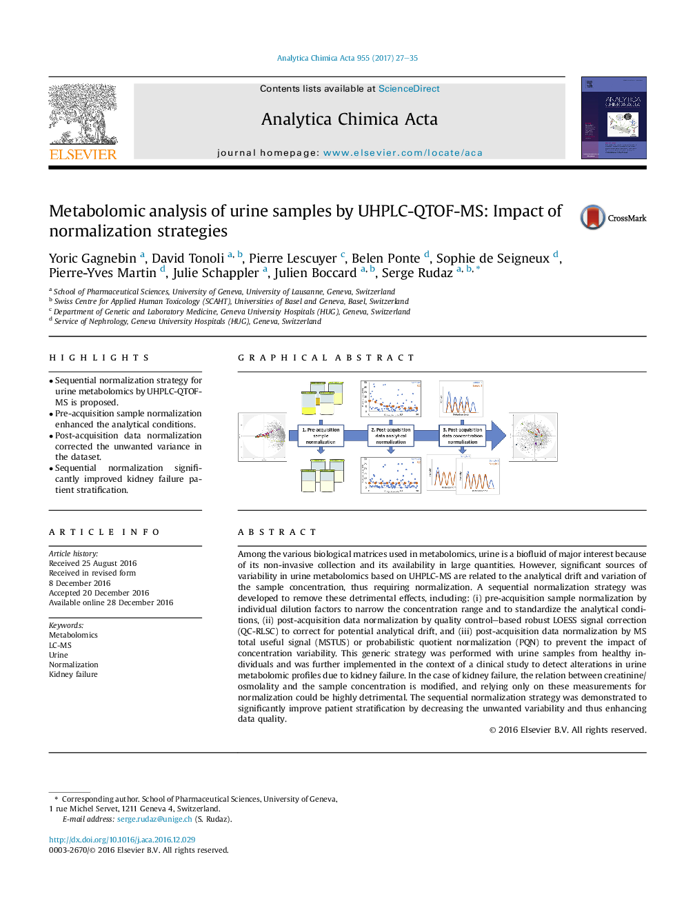 Metabolomic analysis of urine samples by UHPLC-QTOF-MS: Impact of normalization strategies