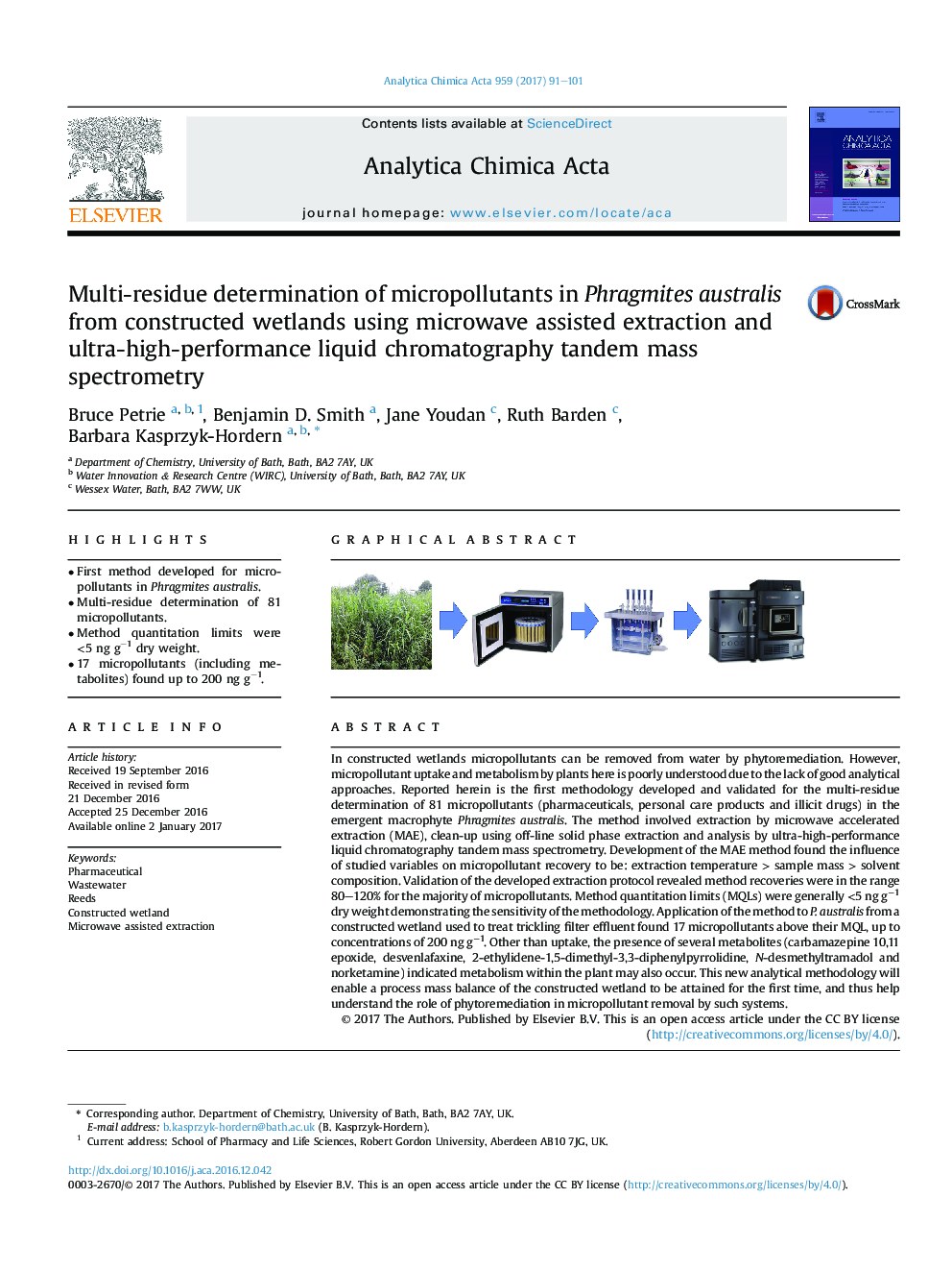 Multi-residue determination of micropollutants in Phragmites australis from constructed wetlands using microwave assisted extraction and ultra-high-performance liquid chromatography tandem mass spectrometry