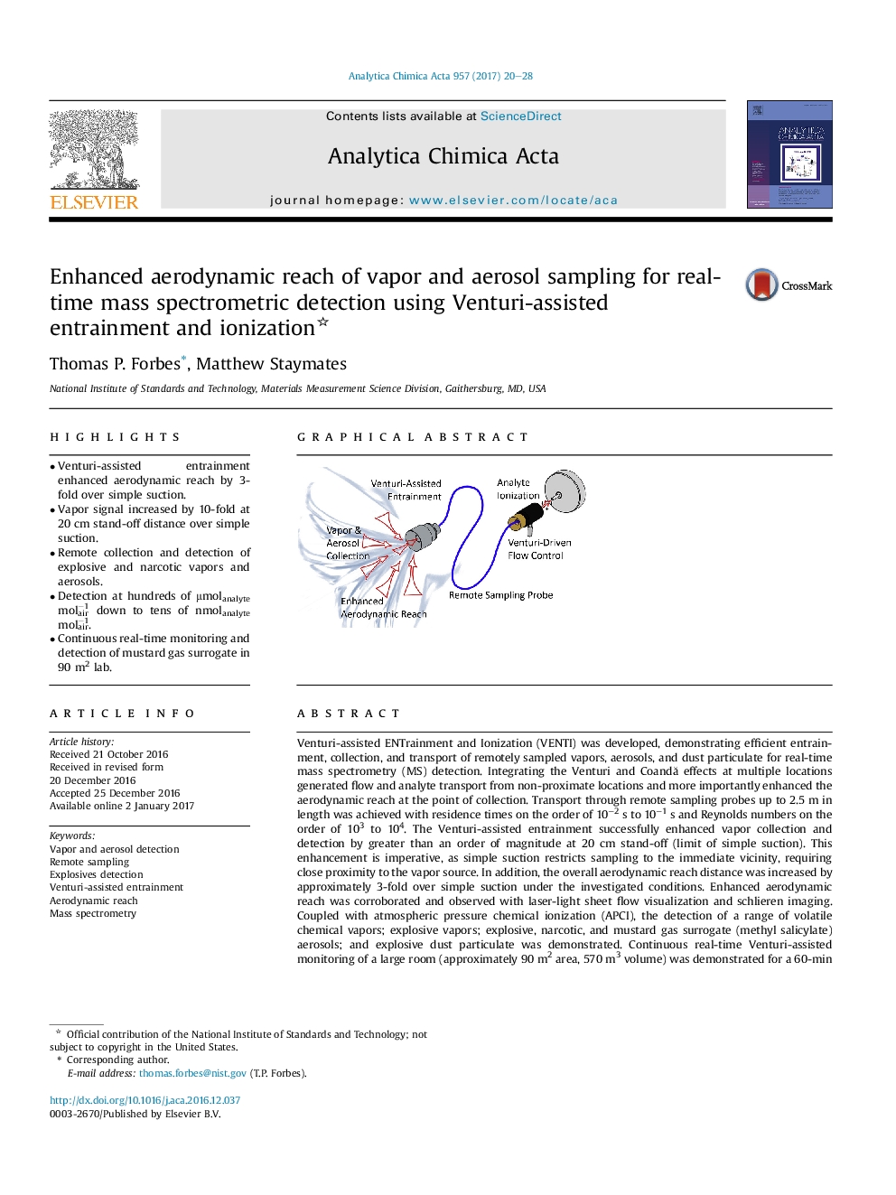 عکس صفحه اول مقاله: Enhanced aerodynamic reach of vapor and aerosol sampling for real-time mass spectrometric detection using Venturi-assisted entrainment and ionization Enhanced aerodynamic reach of vapor and aerosol sampling for real-time mass spectrometric detection using Venturi-assisted entrainment and ionization
