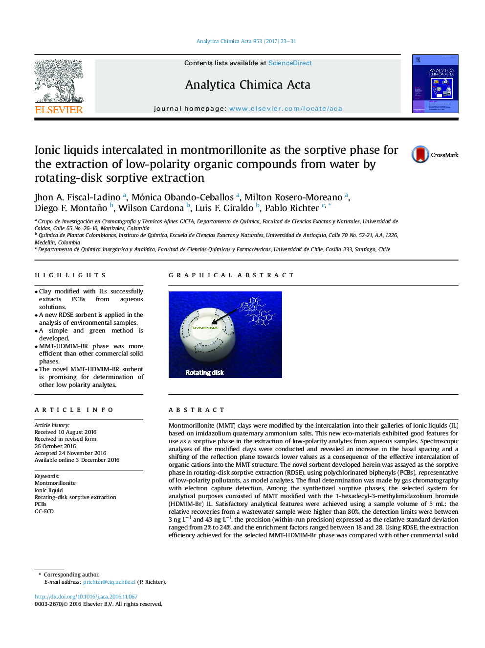 Ionic liquids intercalated in montmorillonite as the sorptive phase for the extraction of low-polarity organic compounds from water by rotating-disk sorptive extraction