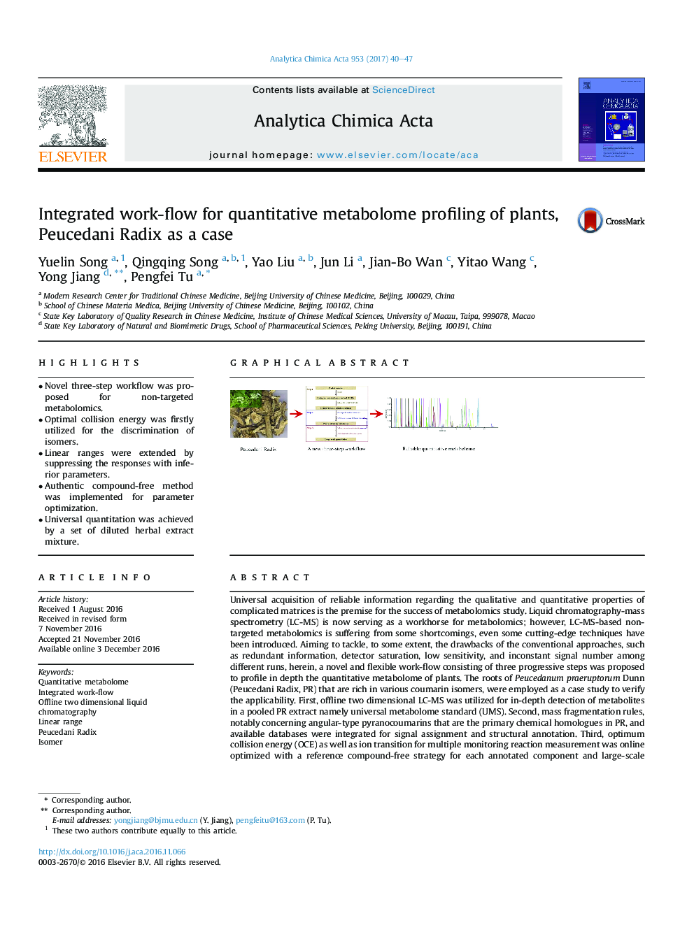 Integrated work-flow for quantitative metabolome profiling of plants, Peucedani Radix as a case