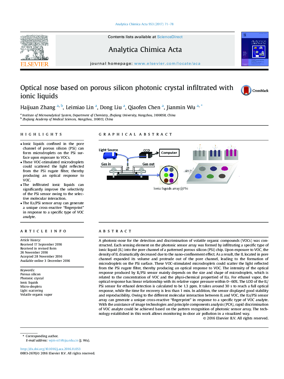 Optical nose based on porous silicon photonic crystal infiltrated with ionic liquids