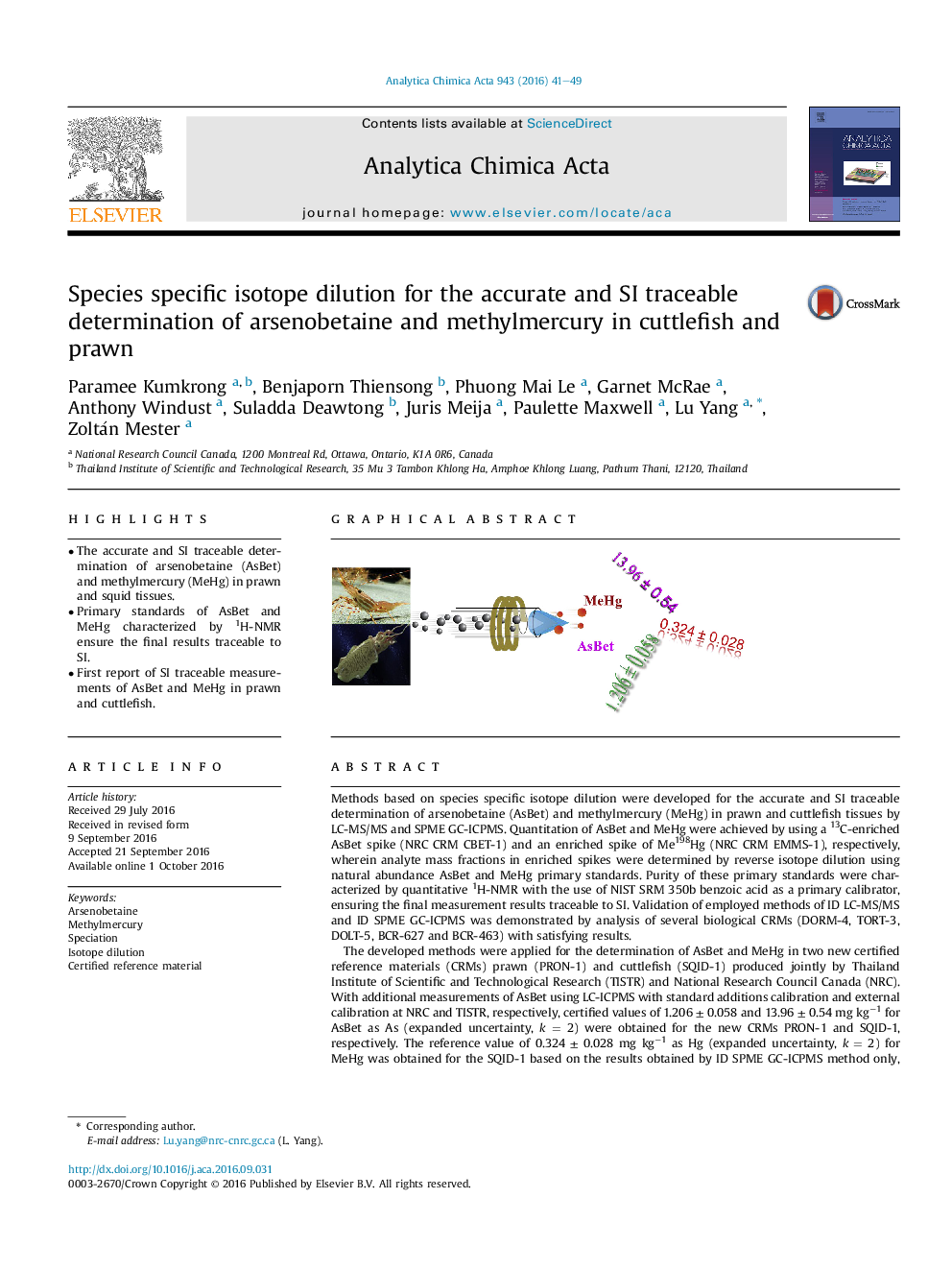 Species specific isotope dilution for the accurate and SI traceable determination of arsenobetaine and methylmercury in cuttlefish and prawn