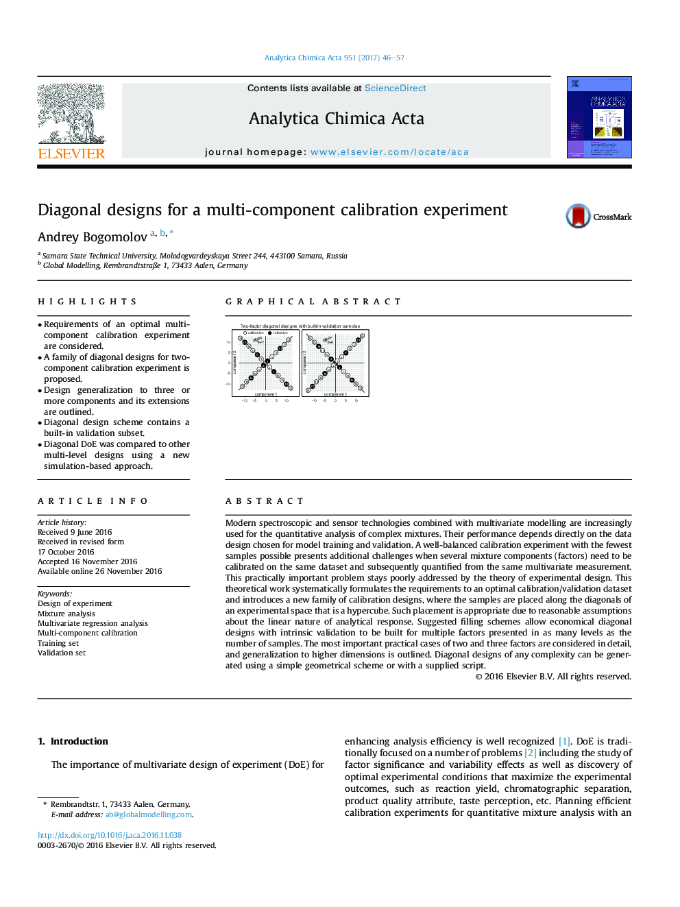 Diagonal designs for a multi-component calibration experiment