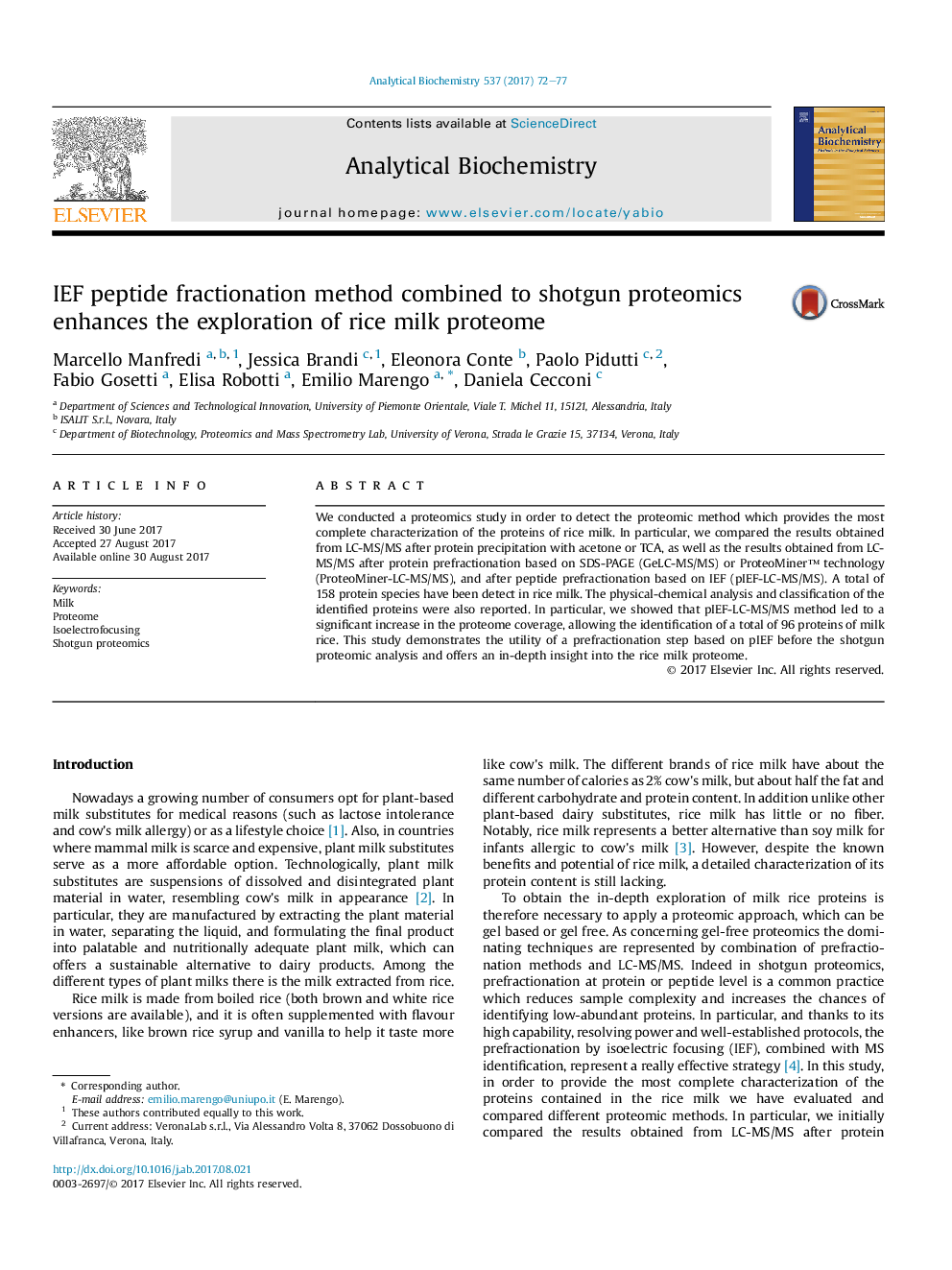 IEF peptide fractionation method combined to shotgun proteomics enhances the exploration of rice milk proteome