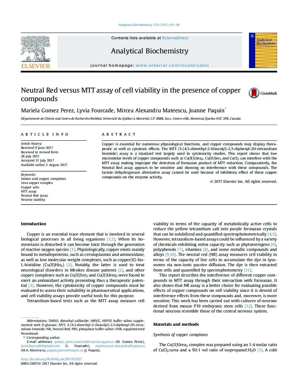 Neutral Red versus MTT assay of cell viability in the presence of copper compounds