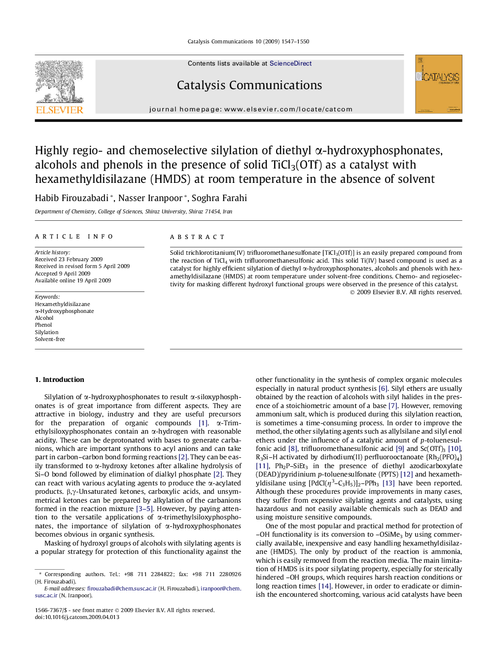 Highly regio- and chemoselective silylation of diethyl α-hydroxyphosphonates, alcohols and phenols in the presence of solid TiCl3(OTf) as a catalyst with hexamethyldisilazane (HMDS) at room temperature in the absence of solvent