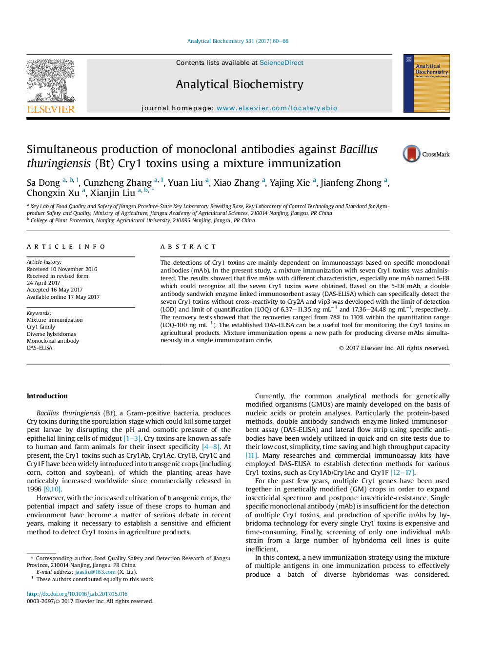 Simultaneous production of monoclonal antibodies against Bacillus thuringiensis (Bt) Cry1 toxins using a mixture immunization