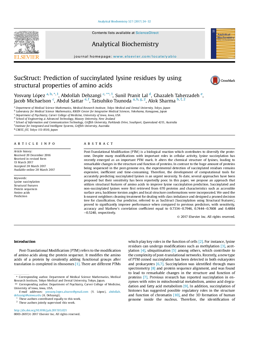 SucStruct: Prediction of succinylated lysine residues by using structural properties of amino acids