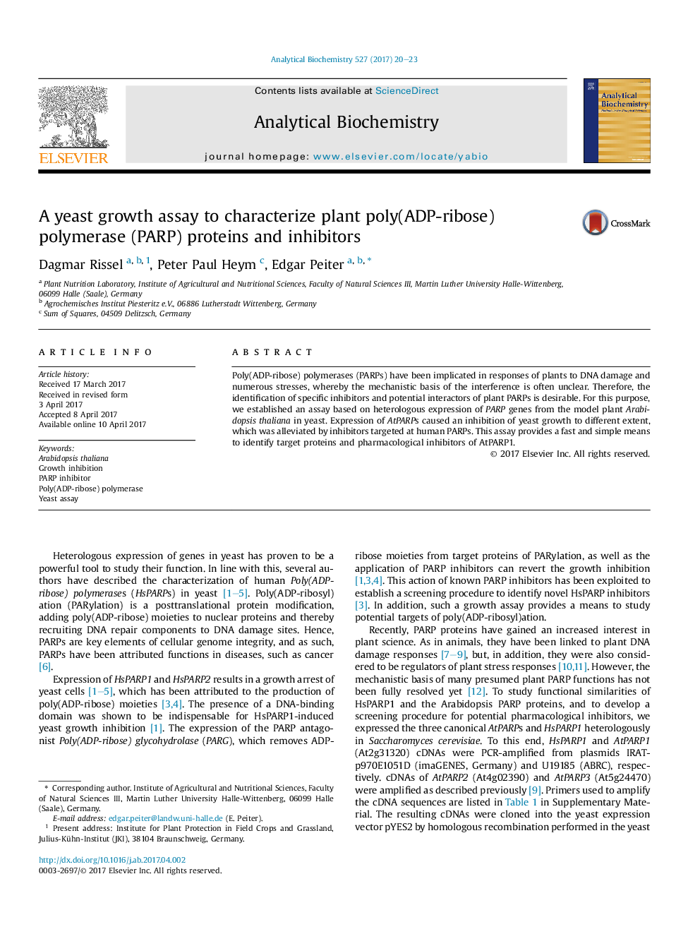 A yeast growth assay to characterize plant poly(ADP-ribose) polymerase (PARP) proteins and inhibitors