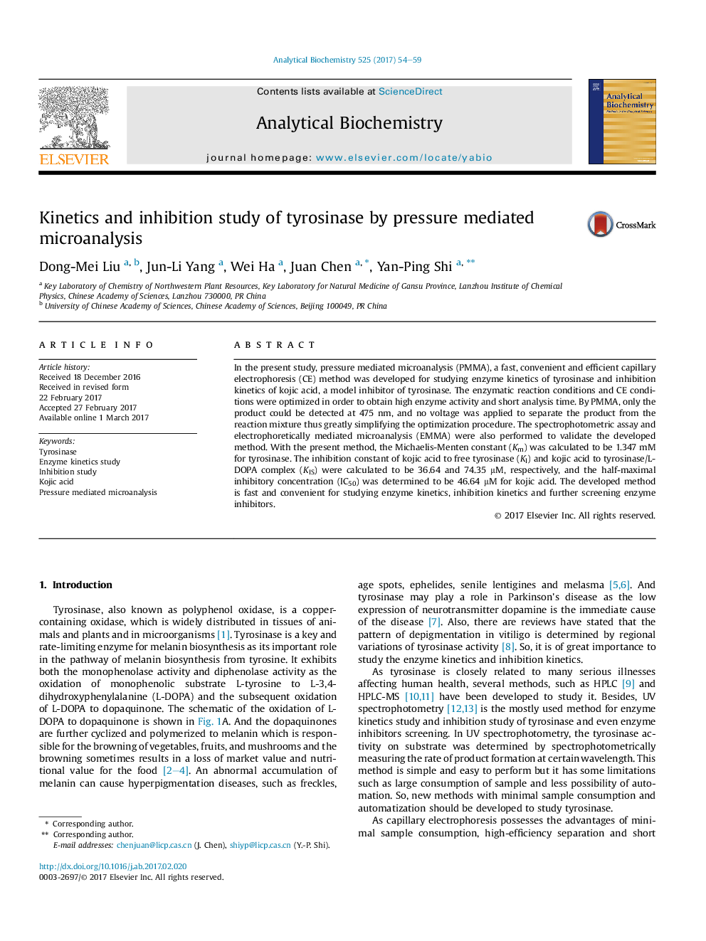 Kinetics and inhibition study of tyrosinase by pressure mediated microanalysis